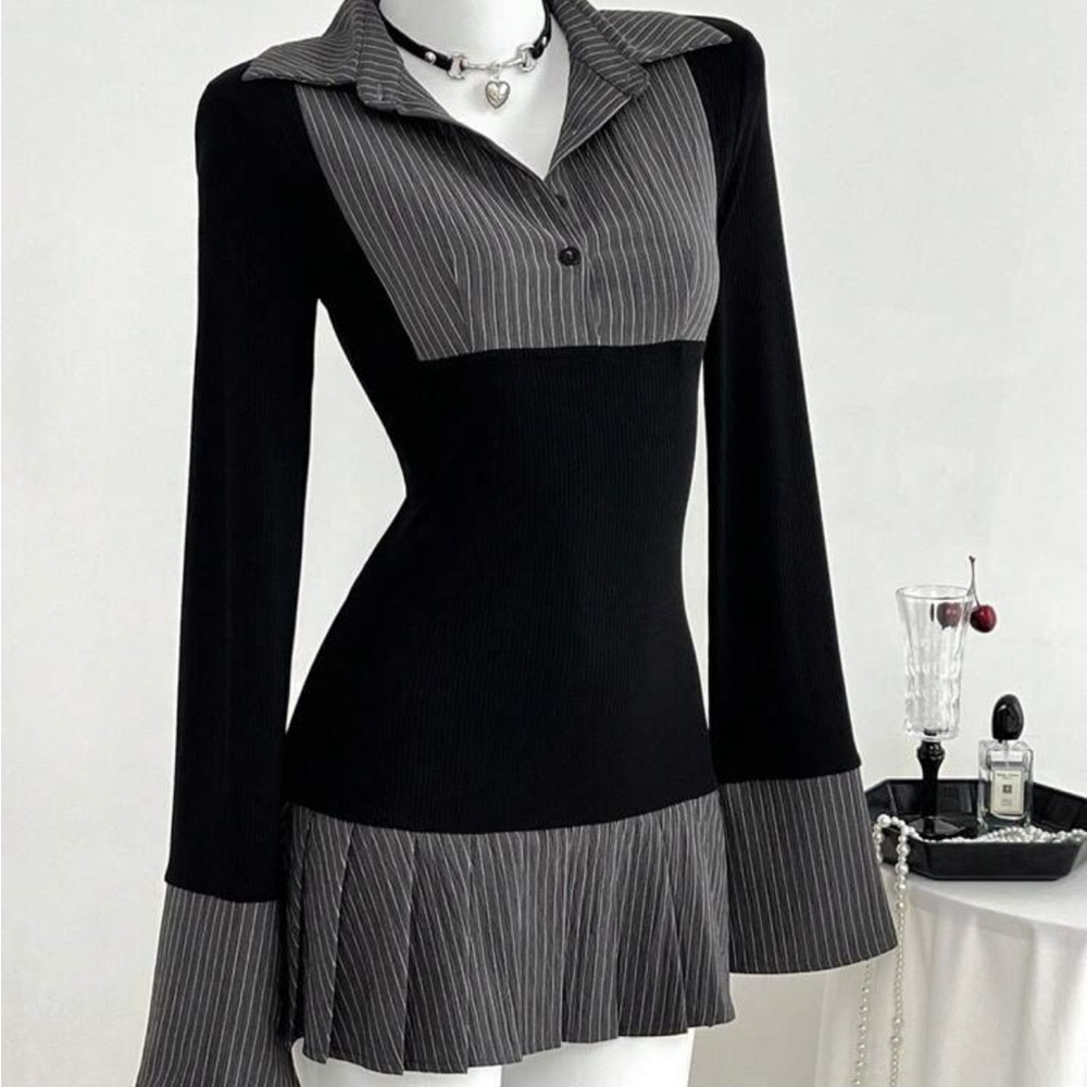 Black and Gray Striped Dress Skirt Short Long Sleeve NWOT
